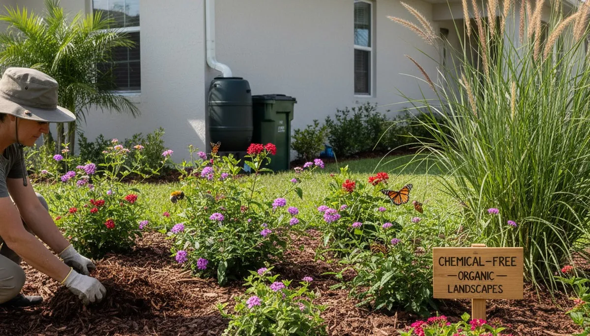 Organic landscape beds with natural mulch and native plants in Cape Coral, FL by Chop Chop Landscaping