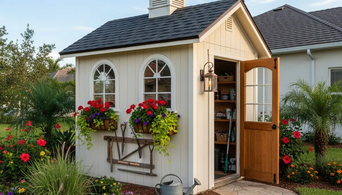 Decorative garden shed with lush landscaping in Cape Coral FL by Chop Chop Landscaping
