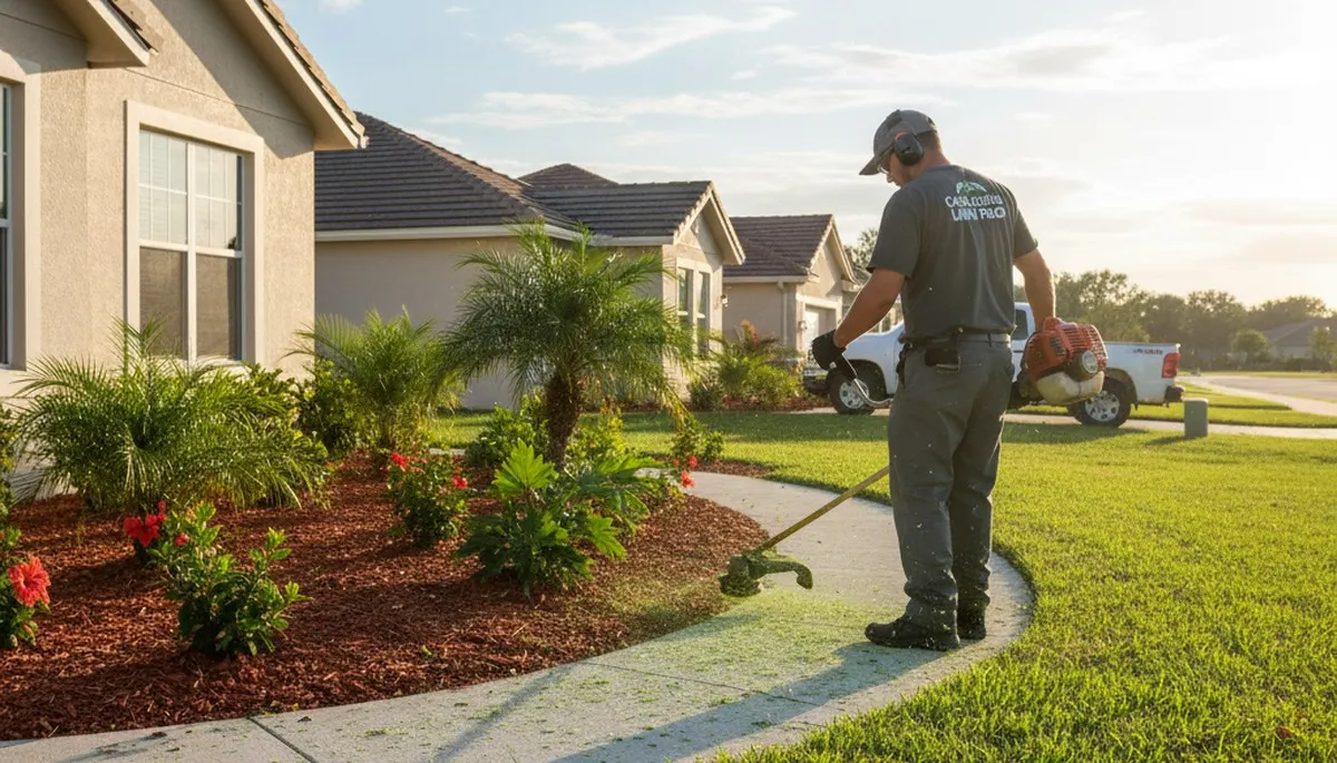 Technician performing precise lawn edge trimming and maintenance in Cape Coral, FL landscaping service