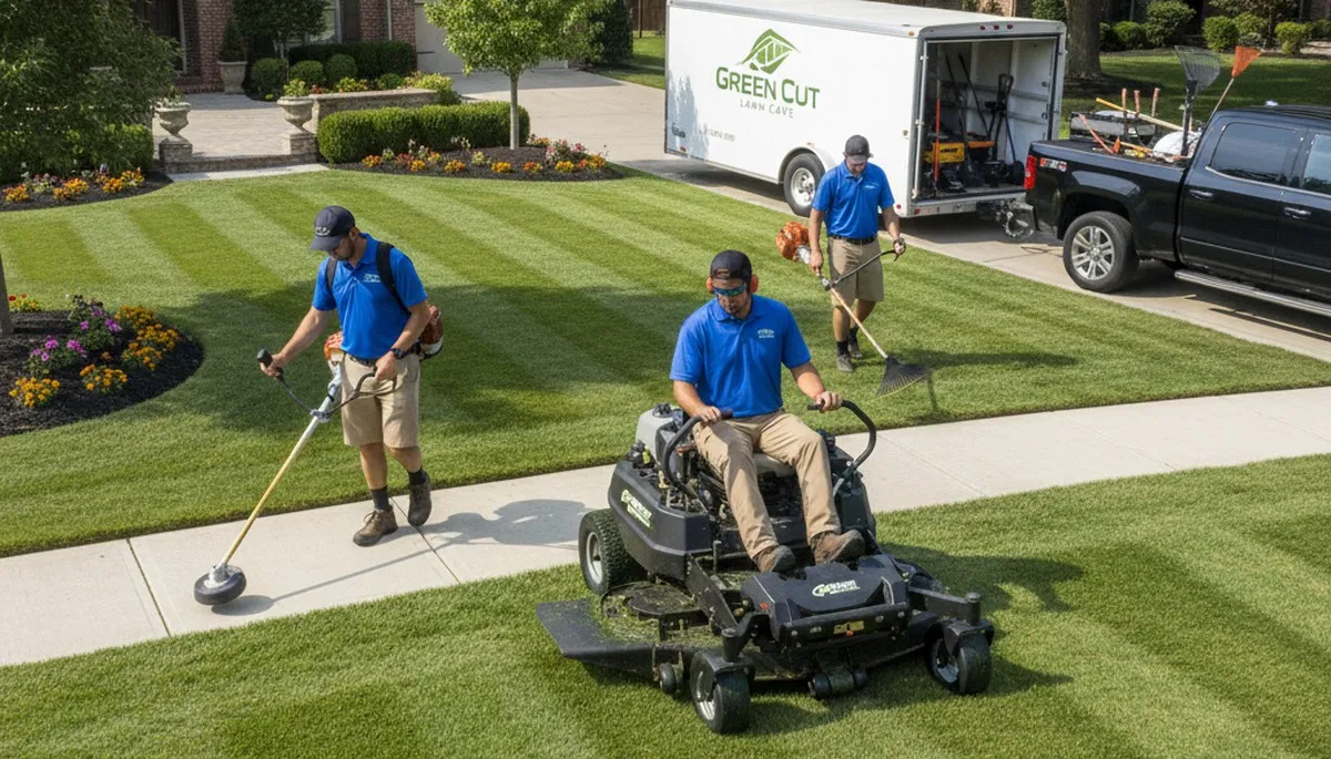 Professional lawn care crew mowing and edging residential yard in Cape Coral, FL