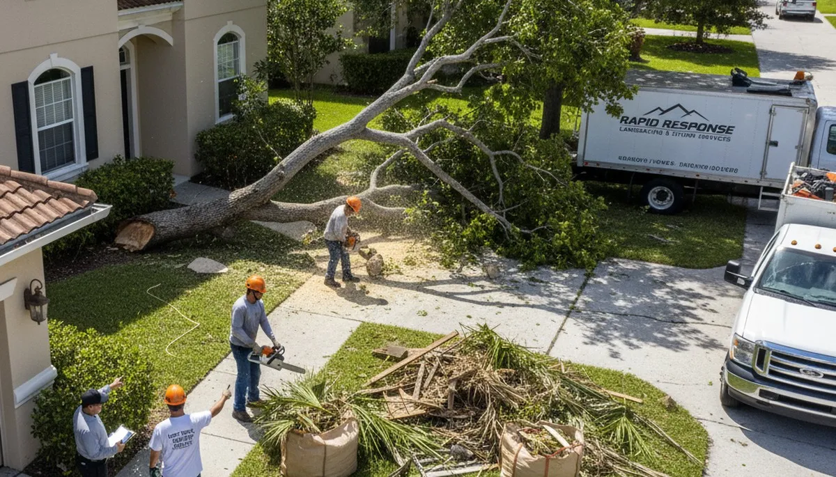 Landscapers cleaning storm debris and fallen branches at a Cape Coral FL home yard restoration site