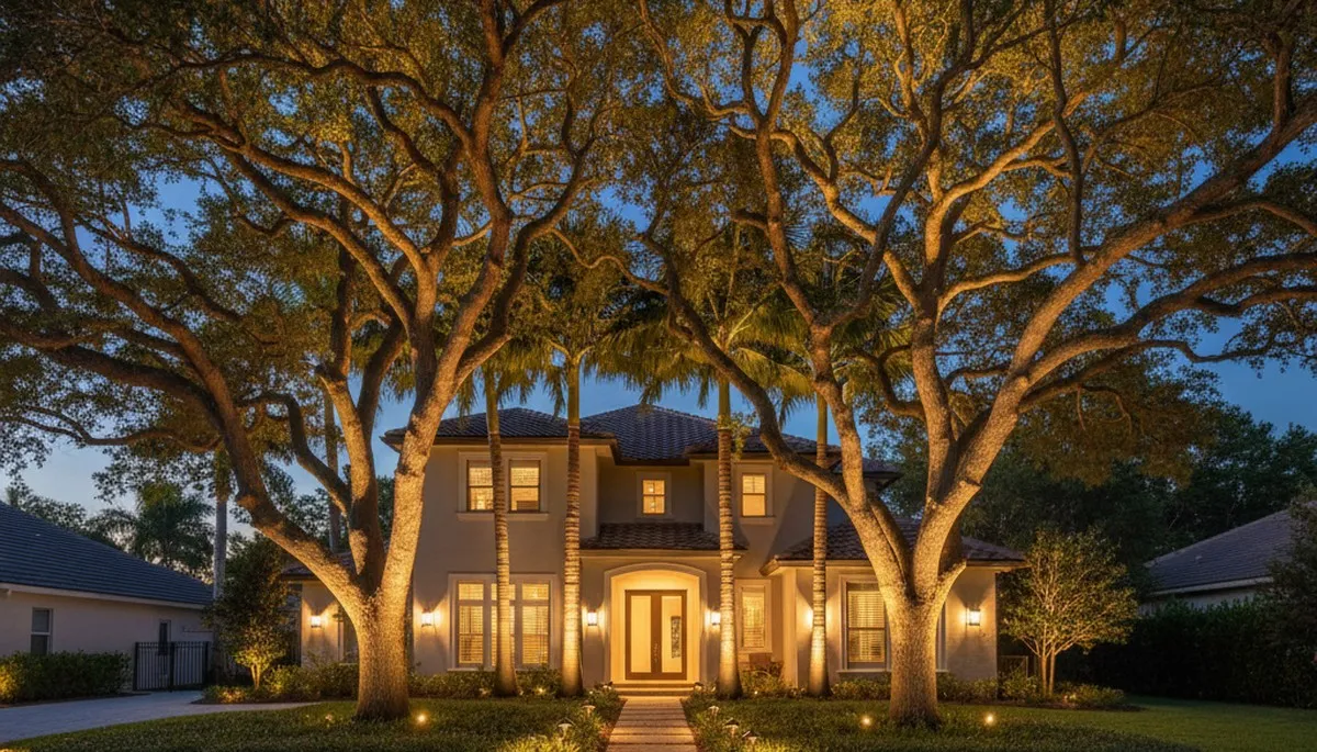 Mature trees uplighted with professional landscape lighting at night in Cape Coral, FL yard
